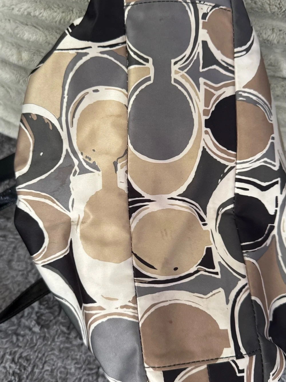 Coach Beige, Black & Cream Signature Circle Tote with Patent Trim